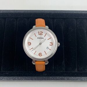 Fossil Leather strap Orange Silver Round Case Watch Adjustable